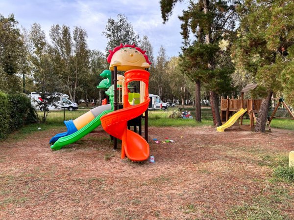 Parco giochi con scivolo colorato e strutture in legno tra gli alberi.