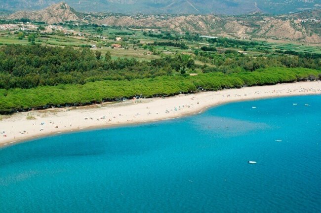 Spiaggia con sabbia chiara, mare azzurro e vegetazione verde.