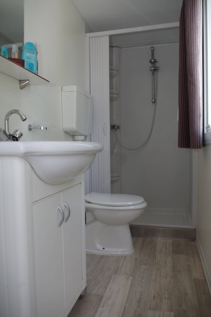 Bagno moderno con doccia, lavandino e servizi igienici su pavimento in legno chiaro.