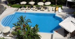 Piscina con lettini e ombrelloni, piante in primo piano.