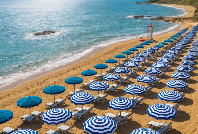 Ombrelloni blu sulla spiaggia, mare azzurro.
