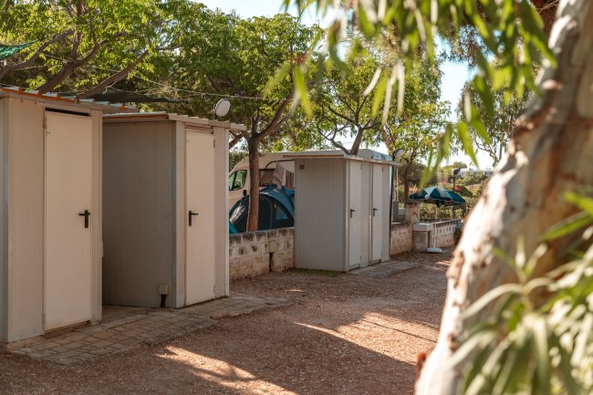 Casette di legno in un'area alberata.