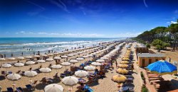Spiaggia affollata con ombrelloni e sedie a sdraio, vista sull'oceano.