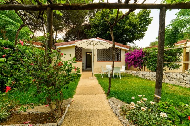 Giardino con vialetto e bungalow con ombrellone.