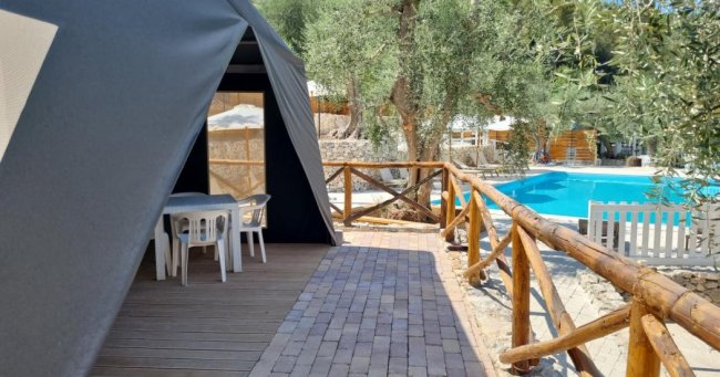 Tenda con terrazza di legno, vista piscina e ulivi.