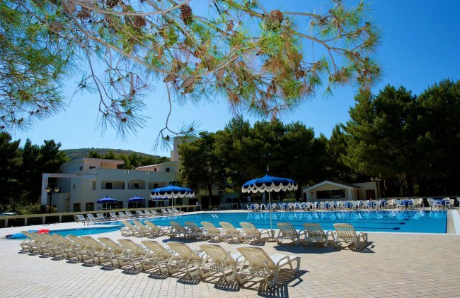 Piscina con lettini e ombrelloni, alberi sullo sfondo.