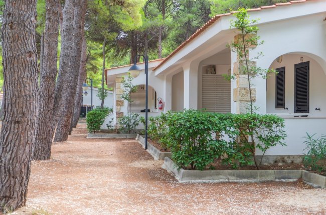 Villette bianche con portici immerse nel verde.