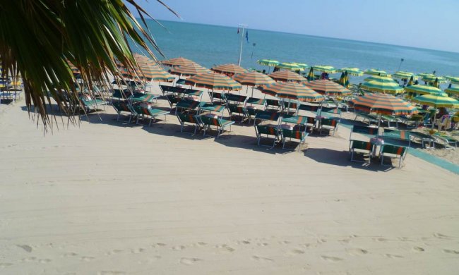 Spiaggia con ombrelloni e lettini sulla sabbia.