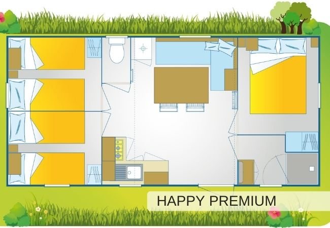 Pianta di un bungalow con zona giorno e bagno.
